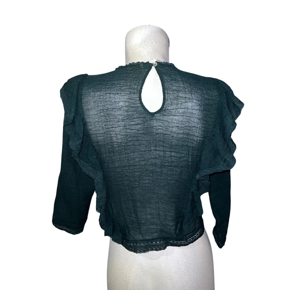 Free People Dark Green Lace Ruffle Sheer Blouse Top Womens XS High Neck Keyhole